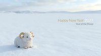 Fluffy white sheep sitting alone in snowy winter landscape with Happy New Year 2027 text greeting for seasonal holiday cards and festive celebrations.