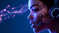 Young woman in headset with glowing digital particles flowing from face profile, illuminated by blue and purple neon lights in dark background.