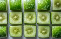 Fresh cucumber slices arranged in grid pattern on light background with water drops, showing detailed cross-sections and natural texture for food photography.