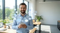 Young adult male with dark hair and beard, Caucasian ethnicity, wearing light blue shirt, holding smartphone in modern office environment with digital icons floating around representing connectivity and communication technology.