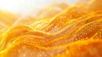 Glowing golden waves with sparkling particles create dynamic flowing abstract background with magical light effect and bokeh elements.