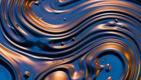 Fluid metallic waves with orange and blue gradients creating dynamic abstract patterns with reflective spheres and smooth flowing curves.