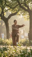 Senior Asian woman practicing tai chi in peaceful park setting with morning sunlight filtering through trees for wellness and meditation concepts.