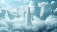 Ethereal white feathers surrounding cosmetic dropper bottle against dreamy cloudy sky background. Luxury skincare and beauty product photography concept.