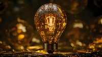 Glowing vintage filament light bulb on golden reflective surface with warm bokeh background creates atmospheric mood for creative design projects.