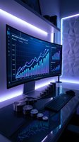 Modern trading workstation with financial charts and data analytics on curved monitor in purple neon-lit office setup for investment and market analysis.