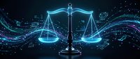 Digital justice scales glowing with blue neon light surrounded by flowing data streams and particles representing legal technology and cyber law concepts.