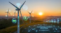 Wind turbines generating renewable energy at sunset with digital technology overlay showing sustainable power solutions and IoT connectivity for green future.