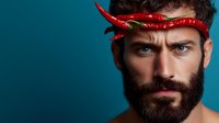Bearded Caucasian man wearing red chili pepper headband against turquoise background, intense gaze and dramatic lighting create striking portrait for food concepts.