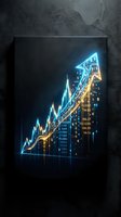 Neon glowing upward trending arrow with financial data and stock market chart on dark background, suitable for business, finance, investment, and economic growth presentations.