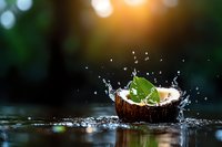 Fresh coconut half with green leaves splashing in water against dark background with bokeh lights and reflections. Perfect for beverage advertising.