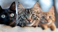 Three curious cats with different fur colors peeking over edge, close-up portrait showing bright eyes and alert expressions of black, tabby and ginger felines.