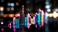 Glowing neon bar chart with colorful data visualization rising from digital surface against blurred city lights background for business analytics presentations.