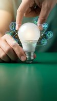 Hands holding a glowing LED bulb surrounded by green energy icons including solar, wind, and recycling symbols on a green background.