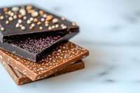 Stacked chocolate bars with popping candy pearls in dark and milk varieties on marble surface, suitable for food and confectionery advertising.