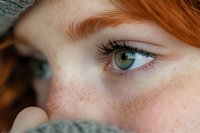 Close up view of bright green eye with natural ginger eyelashes and scattered freckles across fair skin, partially wrapped in soft gray knitted fabric.