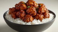 Sweet and sour meatballs glazed in tangy sauce served over steamed white rice in black bowl for Asian cuisine menu and restaurant advertising.