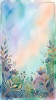 Watercolor floral frame with gold botanical details on pastel teal, peach and lavender background for cards, invitations and posters.