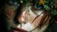Close-up portrait of young woman with freckles and intense blue eyes, partially obscured by green foliage, creating a mystical forest atmosphere.