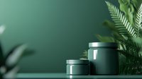 Green cosmetic jars on dark green background with fern leaves, minimalist skincare packaging mockup for natural organic beauty products and branding.