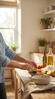Woman preparing fresh vegetables in bright modern kitchen with natural light and herbs on wooden counter for healthy home cooking.