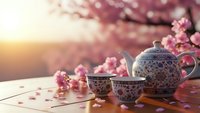 Traditional ceramic tea set with ornate blue patterns on wooden table surrounded by pink cherry blossoms during golden hour sunset creating warm peaceful atmosphere.