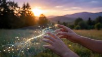 Hands releasing magical glowing particles at sunset with mountains and trees in background, symbolizing hope, dreams, freedom and spiritual connection.