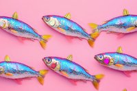 Colorful glitter fish with iridescent scales and golden fins arranged on pink background, isolated for design projects and creative compositions.