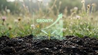 Young seedling sprouting from rich soil with upward growth chart overlay, representing business expansion, investment returns, and sustainable development for corporate and financial concepts.