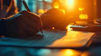 Person writing on paper in evening warm light with dramatic orange and teal tones, shallow depth of field creates atmospheric mood for storytelling and creativity.