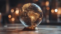 Glowing golden Earth globe with illuminated continents on wooden surface against warm bokeh lights background for business presentations and global concepts.