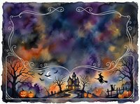 Halloween watercolor landscape with haunted house, witch silhouette, pumpkins and decorative border on textured paper background for seasonal designs.