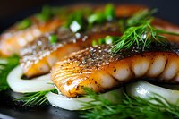 Grilled salmon fillet with caramelized crust, fresh dill and onion rings on dark plate, macro shot of juicy fish steak with herbs and seasonings.