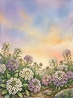 Watercolor wildflowers in white and purple bloom against a soft pastel sunset sky, painted in a delicate botanical art style.