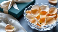 Delicate peach rose petals in crystal bowl with elegant gift box, romantic spa wellness concept for beauty treatments and luxury skincare products.