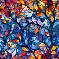Colorful stained glass style leaves pattern with vibrant orange, blue, red and purple hues creating an abstract mosaic effect. Seamless repeat design for fabric and wallpaper.
