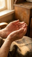 Elderly hands cupped in prayer or meditation gesture with warm sunlight streaming through window creating peaceful spiritual moment in cozy home interior.