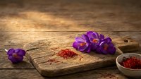 Purple crocus flowers with red saffron threads on rustic wooden cutting board. Culinary spice harvesting and gourmet cooking ingredient preparation concept.