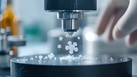 Macro shot of snowflake-shaped particles falling from laboratory equipment onto dark surface, demonstrating crystallization process in scientific research environment.
