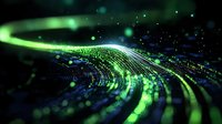 Abstract digital wave of binary code data flowing through cyberspace with glowing green particles and bokeh light effects on dark background.