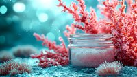 Dreamy coral spa composition with sea salt in glass jar against turquoise bokeh background, soft focus aesthetic wellness setting with marine elements.