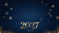 2027 gold text with silhouette goat on dark blue background surrounded by snowflakes and sparkles, suitable for holiday greetings and new year celebrations.