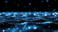 Glowing blue particles form dynamic waves against dark background, creating futuristic technology visualization effect for digital media and presentations.