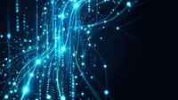 Digital data streams flowing through cyberspace with glowing blue light trails and network connections on dark background for technology concepts.