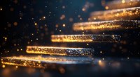Glowing golden stairway with magical sparkles and light particles floating in dark space, creating mystical ascending path with bokeh effect and lens flare.