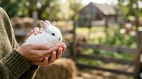 White rabbit held in hands at farm with garden and barn in background, suitable for agriculture, pet care, and rural lifestyle content.