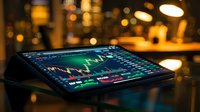 Digital tablet displaying financial trading charts and market data analysis on screen in modern office environment with warm bokeh lighting background.