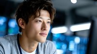Young Asian man with tousled brown hair in casual gray shirt looking thoughtfully away in modern office or cafe setting with soft blue bokeh lights.