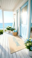 Sunny coastal cottage porch with blue door, welcome mat, hydrangeas, and ocean view, evoking a relaxed seaside lifestyle.