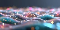 Abstract flowing waves with glowing particles and bokeh effect in turquoise and pink colors on dark background, macro view creates dreamy atmosphere.